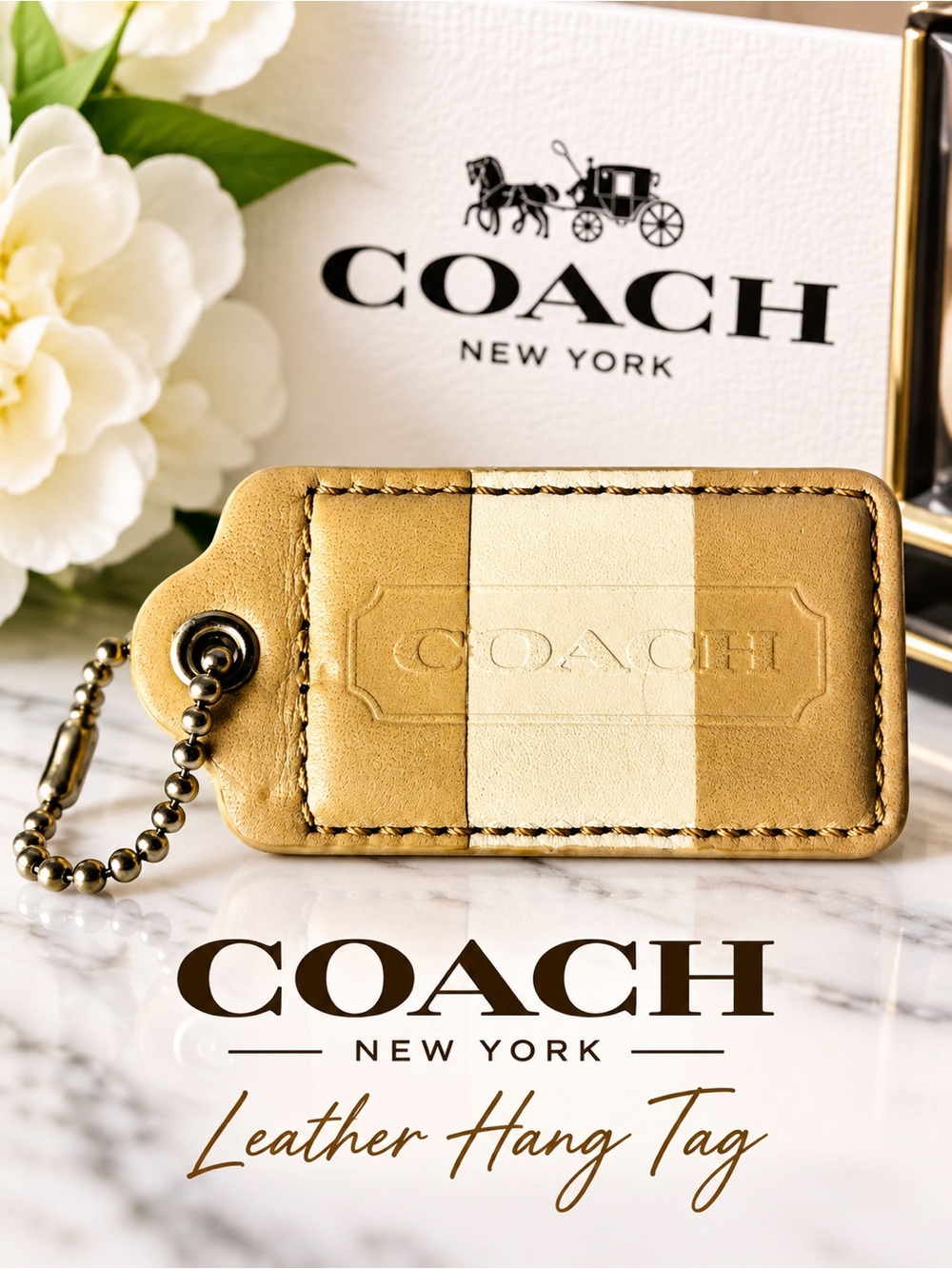 Coach Heritage Striped Leather Hang Tag in Tan and Cream with Ball Chain 2008